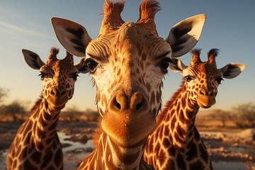 Poster - He playful interaction between a group of Giraffe, showcasing their social dynamics and vigilant nature.  Generative AI technology.