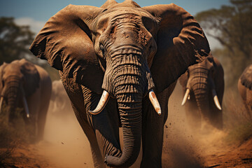 Poster - He playful interaction between a group of Elephant, showcasing their social dynamics and vigilant nature.  Generative AI technology.