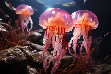 Leinwandbilder - playful interaction between a group of jellyfish, showcasing their social dynamics and vigilant natu