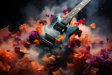 Poster - Beautiful abstract illustration creative Electric Guitar with flowers and smoke.  Generative AI technology.