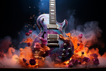 Poster - Beautiful abstract illustration creative Electric Guitar with flowers and smoke.  Generative AI technology.