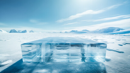 Wall Mural - Selective focus.podium platform of ice or iceberg mountain landscap.product display table.stand abstract background.generative ai images