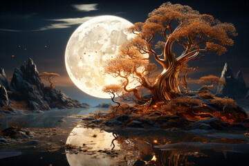 Poster - Beautiful abstract golden tree and moon concept . Generative AI technology.