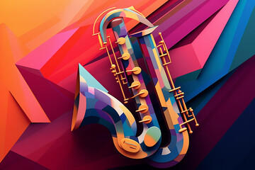 A popular image presents an abstract geometric style portrayal of a saxophone, with its sleek and curvaceous form rendered using intersecting geometric lines and vibrant, Generative AI technology