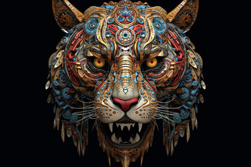 Aufkleber - An image showcases a tribal-inspired representation of a tiger skull, with bold patterns and intricate details. Generative AI technology