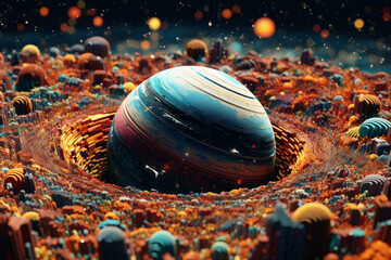 Poster - abstract planet with intricate geometric mosaics, reflecting the diversity and complexity of celesti