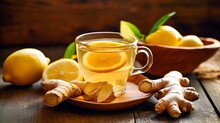 Ginger Tea With Lemon And Honey On A Wooden Table