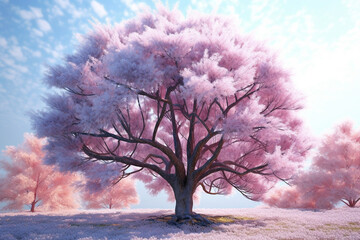 Leinwandbilder - A pastel-colored Cherry tree with a majestic mane, rendered in soft hues of pink, purple, and blue, exuding a serene and regal presence. Generative AI technology