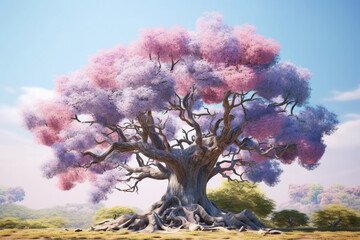 Leinwandbilder - A pastel-colored Elm tree with a majestic mane, rendered in soft hues of pink, purple, and blue, exuding a serene and regal presence. Generative AI technology