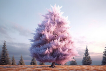 Leinwandbilder - A pastel-colored Spruce tree with a majestic mane, rendered in soft hues of pink, purple, and blue, exuding a serene and regal presence. Generative AI technology