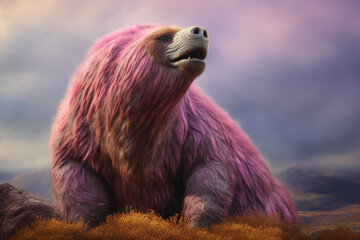 A pastel-colored Giant Ground Sloth with a majestic mane, rendered in soft hues of pink, purple, and blue, exuding a serene and regal presence. Generative AI technology