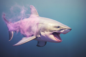 Poster - A pastel-colored Megalodon with a majestic mane, rendered in soft hues of pink, purple, and blue, exuding a serene and regal presence. Generative AI technology
