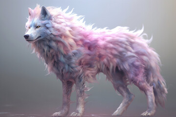 Poster - A pastel-colored Dire Wolf with a majestic mane, rendered in soft hues of pink, purple, and blue, exuding a serene and regal presence. Generative AI technology