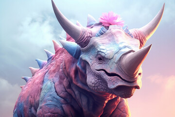 Poster - A pastel-colored Triceratops with a majestic mane, rendered in soft hues of pink, purple, and blue, exuding a serene and regal presence. Generative AI technology