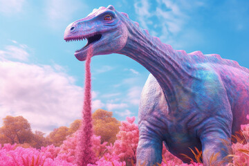 Poster - A pastel-colored Brachiosaurus with a majestic mane, rendered in soft hues of pink, purple, and blue, exuding a serene and regal presence. Generative AI technology