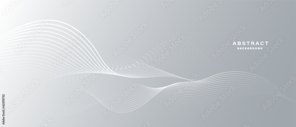 Grey white abstract background with flowing particles. Digital future ...