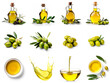 Set of olive oil in a bottles, olives, oil in a bowl, pouring oil, oil drops isolated on transparent