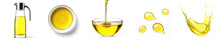 Set Of Liquid Oil In Dispencer, Bowl Top View, Pouring In A Bowl,  Drops, Splashes, Isolated On Transparent Background
