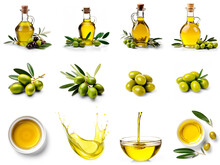 Set Of Olive Oil In A Bottles, Olives, Oil In A Bowl, Pouring Oil, Oil Drops Isolated On Transparent