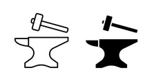 Blacksmith Crafting Vector Icon Set. Anvil And Hammer Symbol