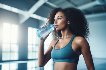 Wall Mural - Fit woman drinking water from the bottle in the gym