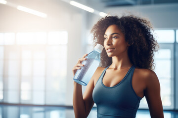 Wall Mural - Fit woman drinking water from the bottle in the gym