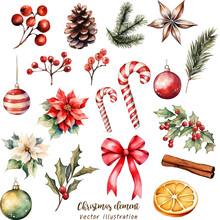 Watercolor Christmas Decorative Ornament Vector Illustration	