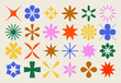 Collection of star and flower geometric shapes, inspired by Brutalism. Colorful, minimalist and abstract symbols. Isolated vector and decorative patterns.