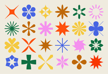 collection of star and flower geometric shapes, inspired by brutalism. colorful, minimalist and abst