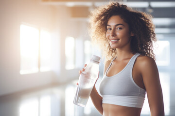 Wall Mural - Fit woman drinking water from the bottle in the gym

