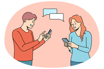 Wall Mural - Happy man and woman chatting texting online on smartphones. Smiling couple dating on internet. Social media application concept. Vector illustration.