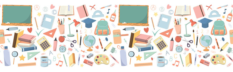 school education seamless border with cartoon school supplies, stationery. back to school theme desi