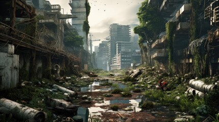 Depict the remnants of a once - thriving city now in decay, with dilapidated buildings, overgrown vegetation, and cybernetic scavengers searching for valuable tech