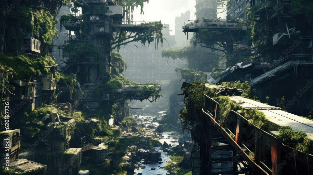 Depict the remnants of a once - thriving city now in decay, with ...