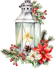 Watercolor Christmas Decoration With Candle Lantern Vector Illustration
