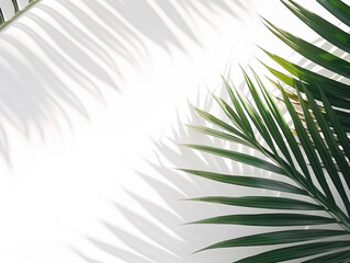 Wall Mural - Selective focus of palm leaf with shadow and nature lightning on wall background.Tropical and summer pattern.generative ai images