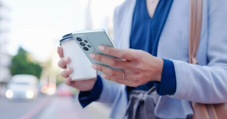 Aufkleber - Coffee, hands and city on phone with networking on morning work travel with web. Urban, street and mobile text with online communication of professional with digital email and reading news app