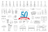 Fototapeta Dinusie - Vector illustration set of 50 musical instruments for coloring in cartoon style isolated on white background