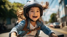 Cute Little Girl Having Fun By Riding Bicycle. Cute Kid In Safety Helmet Biking Outdoors.