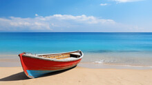 Colorful Small Wooden Fishing Boat On Beach. Summer And Vacation