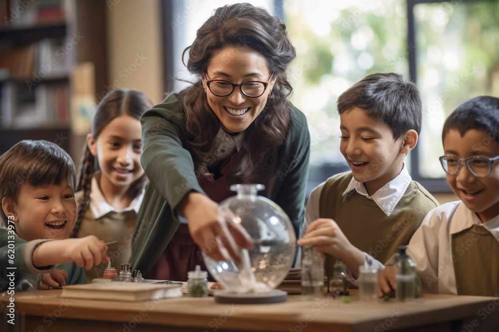 A portrait of an Asian woman teacher conducting a science experiment ...