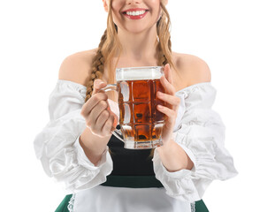 Beautiful Octoberfest waitress with beer on white background, closeup