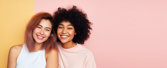 Two young beautiful girls hugging, laughing and smiling against a flat pastel pink background. Happy women girlfriends, portrait, copy space for text. Generative AI photo.