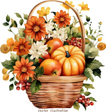 Watercolor Autumn Flowers With Pumpkin Apple Basket Clipart For Decoration Thanksgiving Cards Invitation