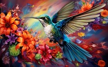 A Painting Of A Hummingbird Flying Over Flowers. AI