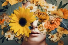 Abstract Contemporary Art Collage Portrait Of Young Woman With Flowers On Face Hides Her Eyes. Generative AI