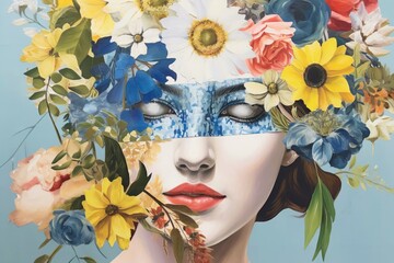 Wall Mural - Abstract contemporary art collage portrait of young woman with flowers on face hides her eyes. Generative AI