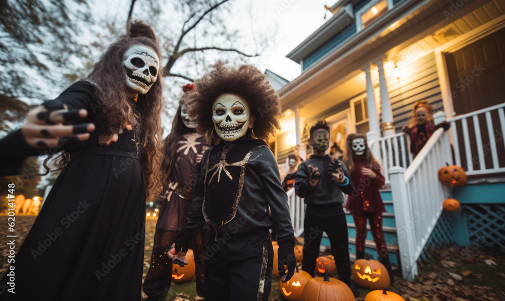 Teenagers having fun dressed up in scary masks and costumes for