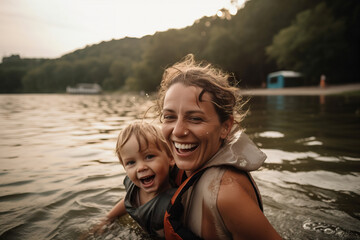 Outdoor portrait of happy young mother with adorable preschooler son, enjoying nice day next to lake. Generative AI