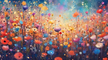 A panoramic background featuring a vibrant and abstract meadow of colorful flowers